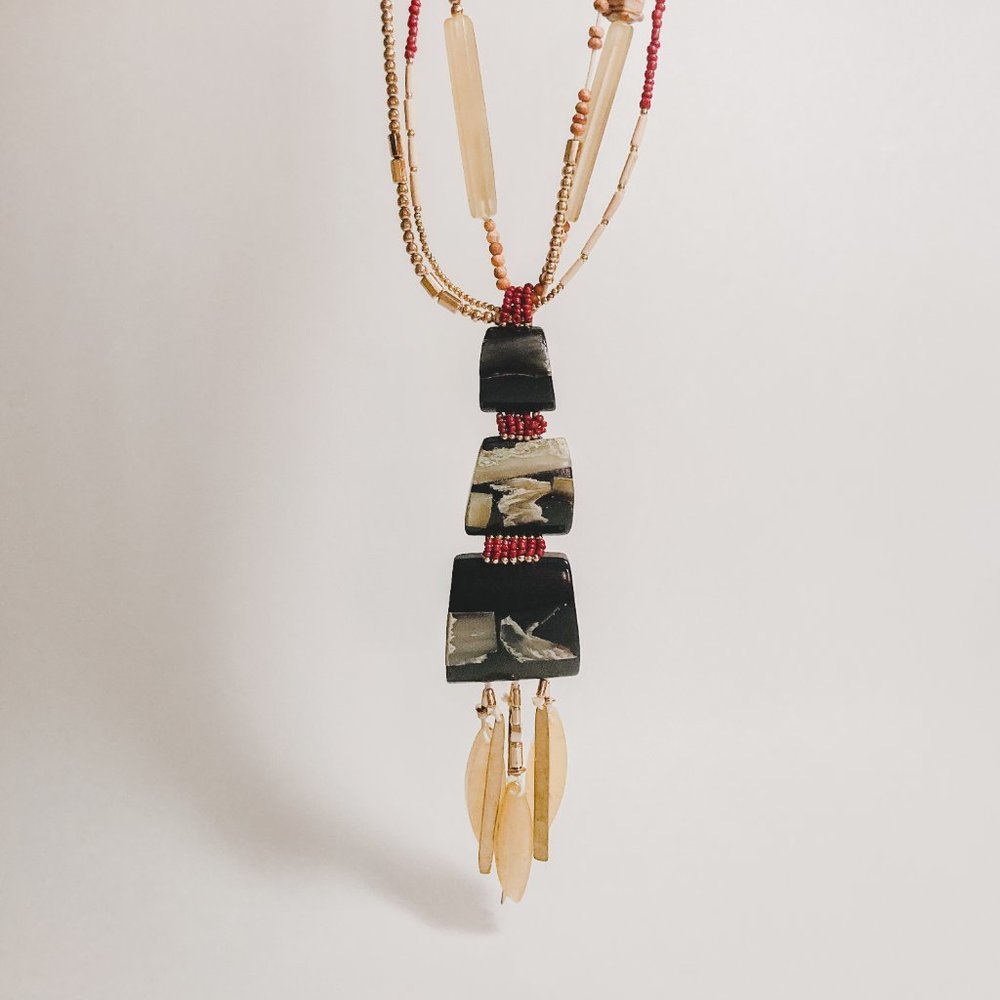 Unique Boho Black Slab Tassel Beaded Necklace
